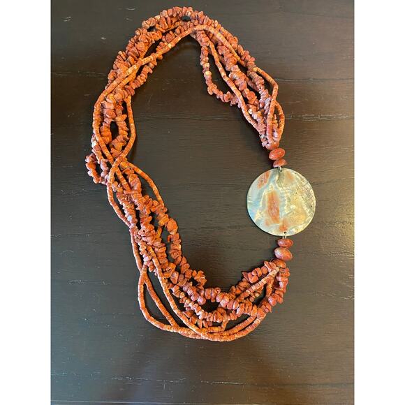 Red Sponge Coral and Mother of Pearl 6 Strand Statement Necklace 30" - Picture 5 of 6